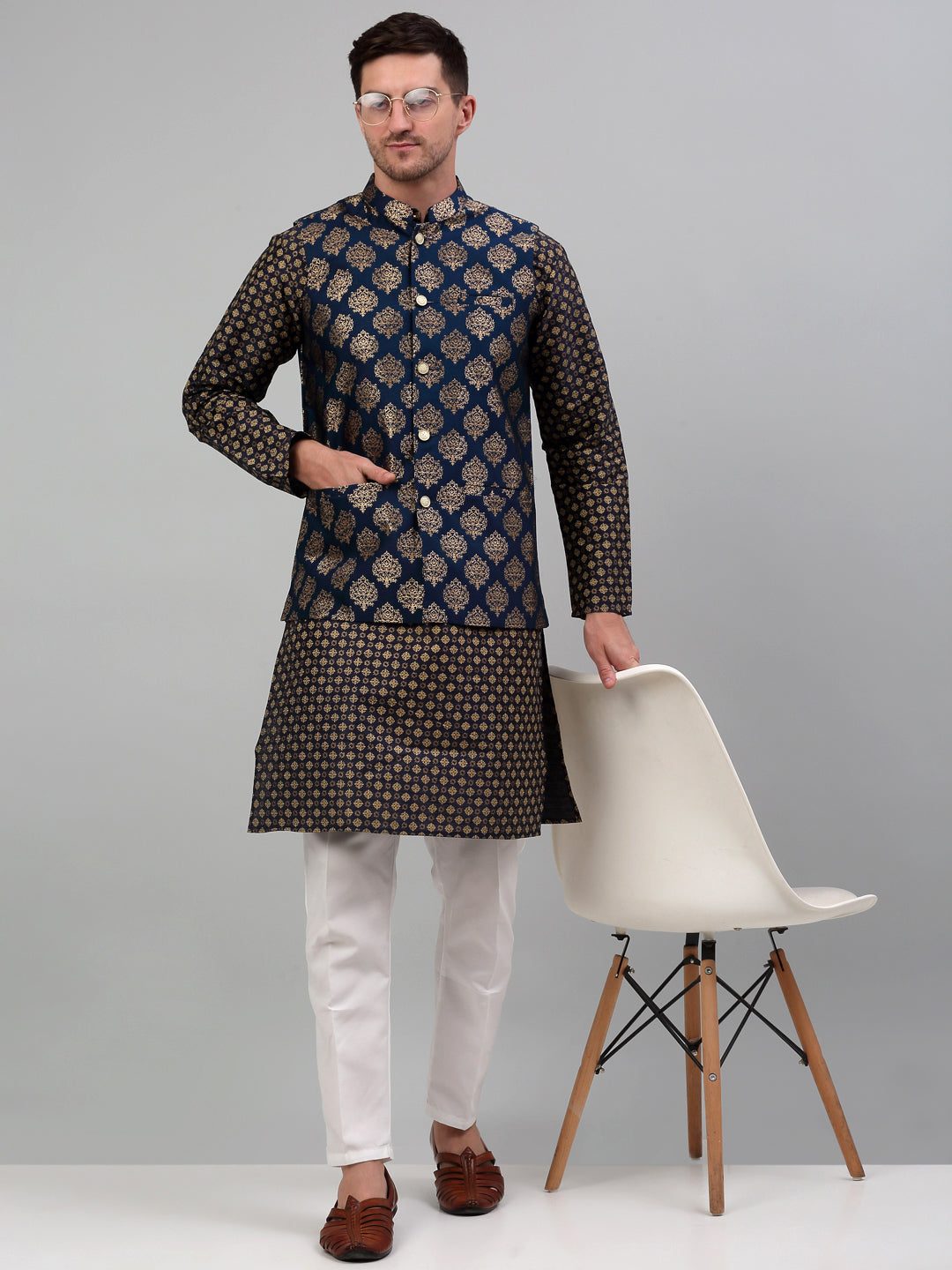 Jompers Men's Printed Nehru Jacket With Kurta Pyjama Set - Navy Blue | Grocsy