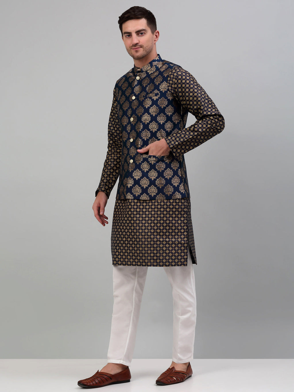 Jompers Men's Printed Nehru Jacket With Kurta Pyjama Set - Navy Blue | Grocsy