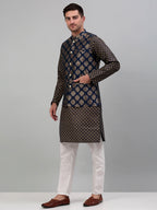Jompers Men's Printed Nehru Jacket With Kurta Pyjama Set - Navy Blue | Grocsy