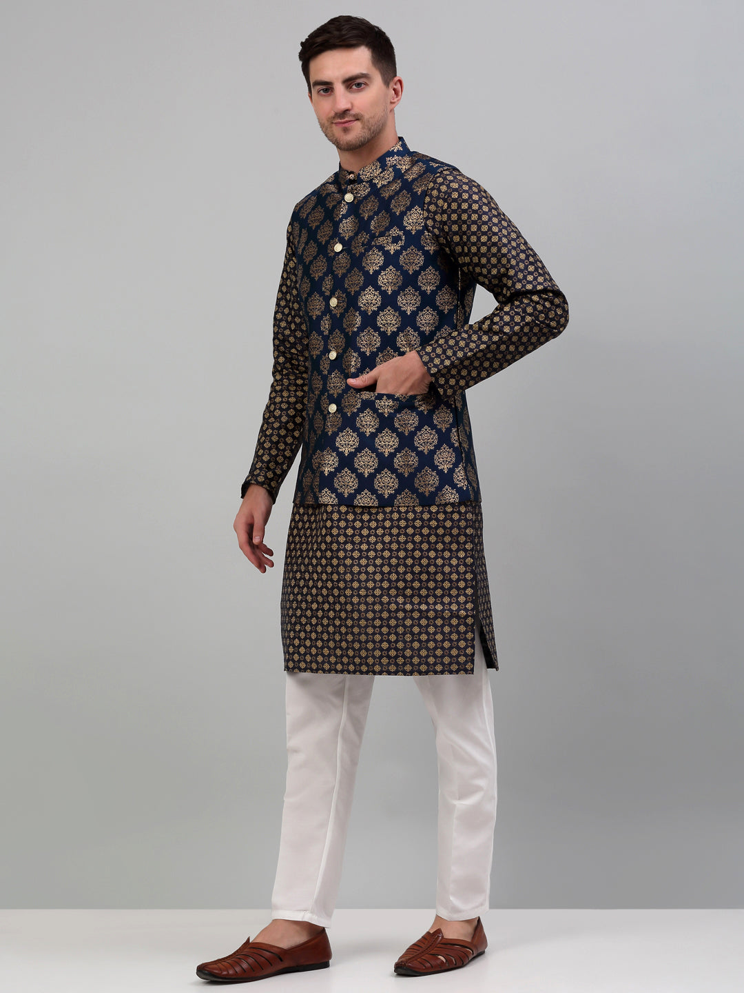 Jompers Men's Printed Nehru Jacket With Kurta Pyjama Set - Navy Blue | Grocsy