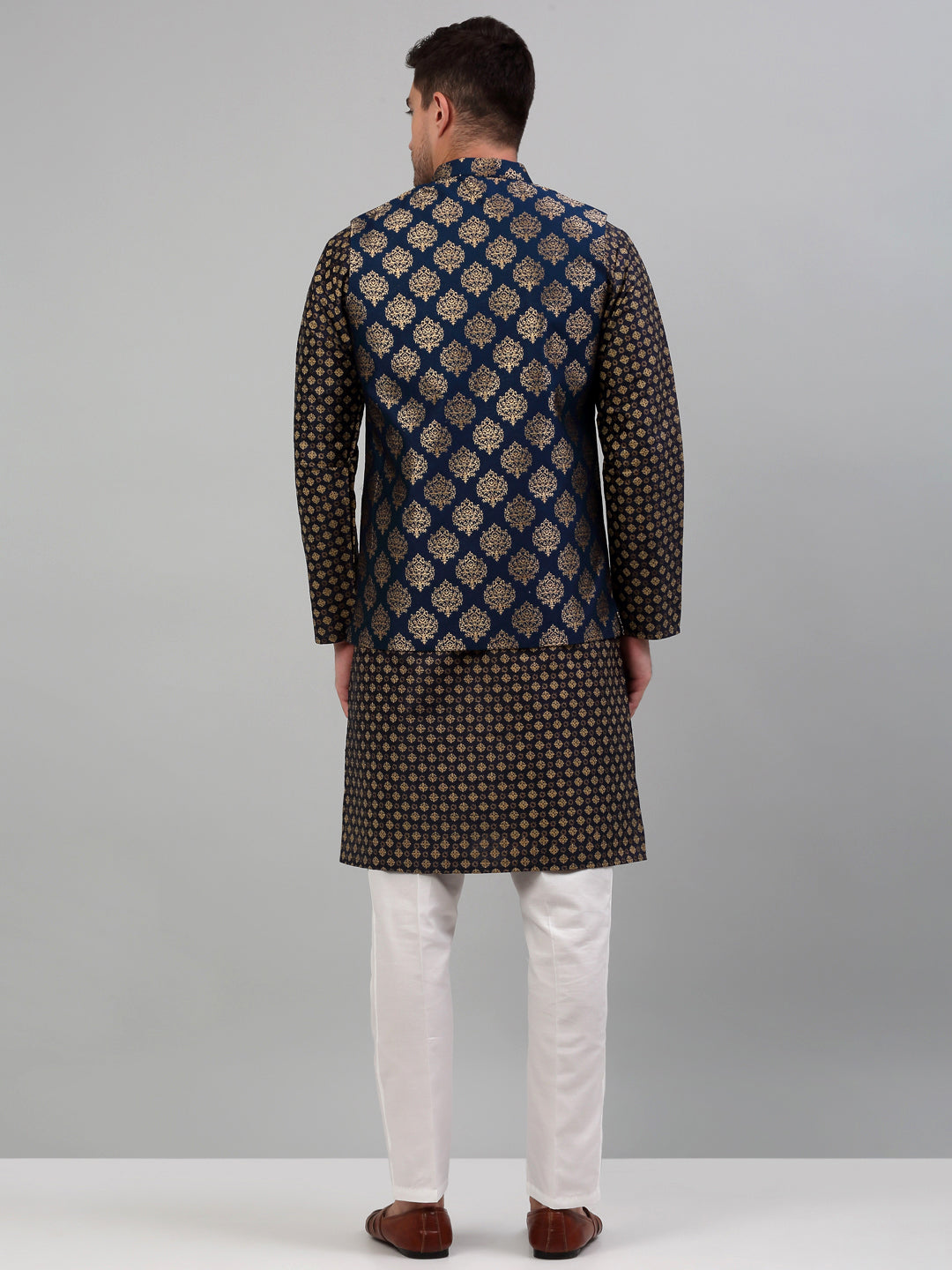 Jompers Men's Printed Nehru Jacket With Kurta Pyjama Set - Navy Blue | Grocsy