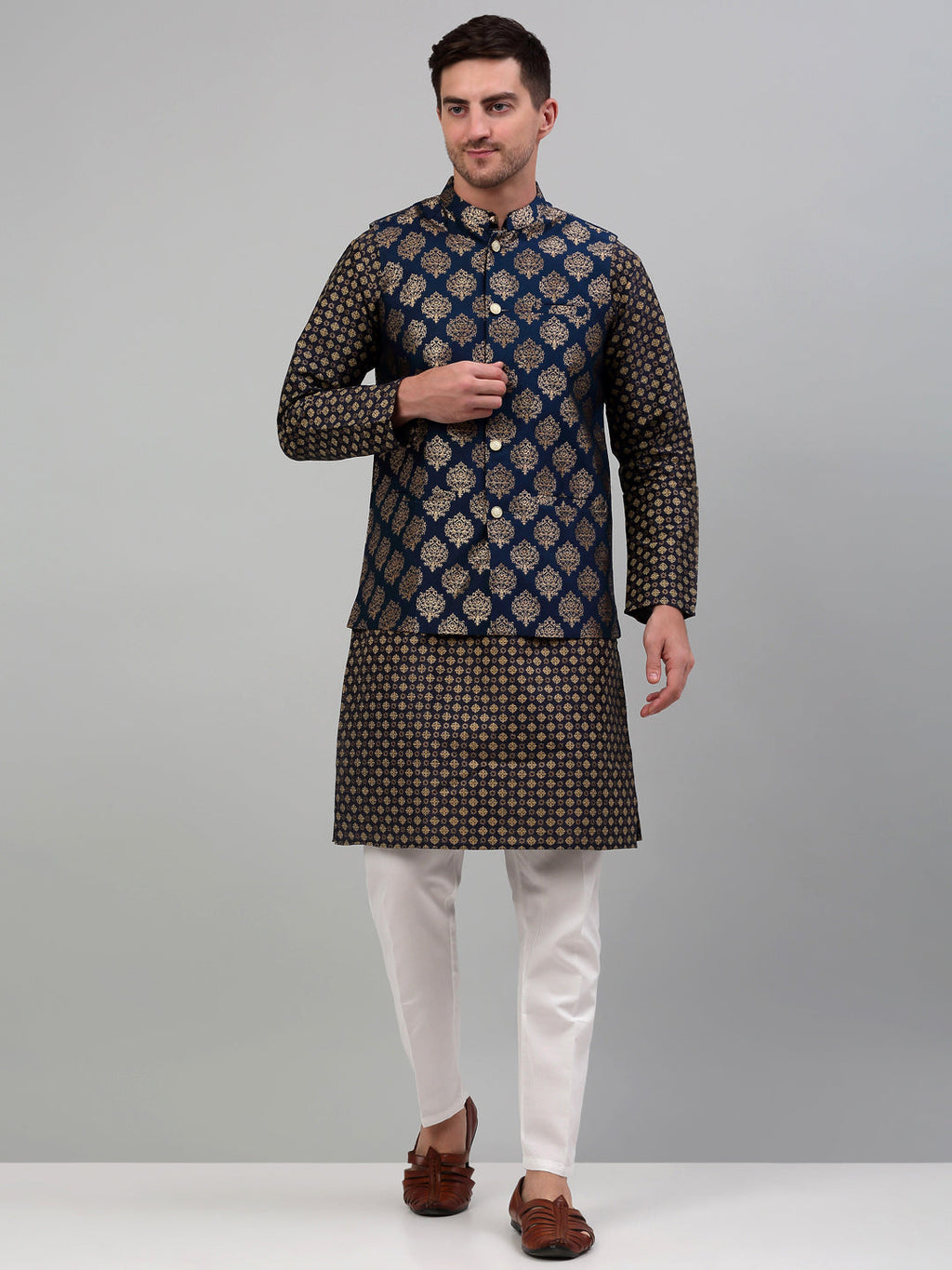 Jompers Men's Printed Nehru Jacket With Kurta Pyjama Set - Navy Blue | Grocsy