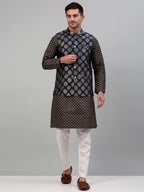 Jompers Men's Printed Nehru Jacket With Kurta Pyjama Set - Navy Blue | Grocsy