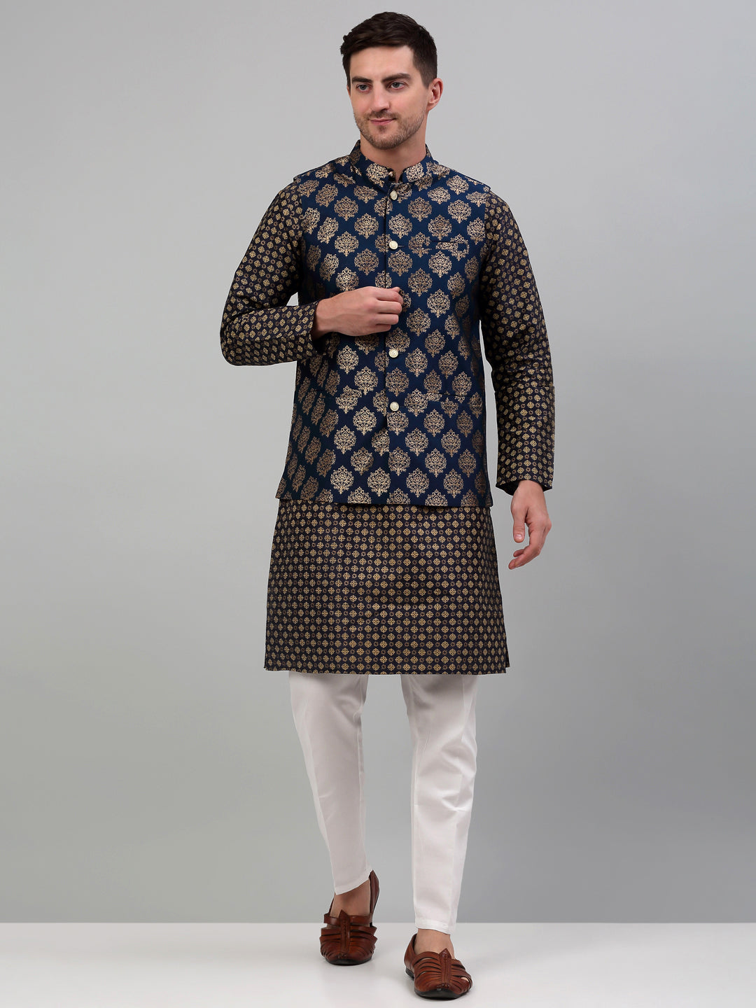 Jompers Men's Printed Nehru Jacket With Kurta Pyjama Set - Navy Blue | Grocsy