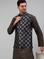 Jompers Men's Printed Nehru Jacket With Kurta Pyjama Set - Navy Blue | Grocsy