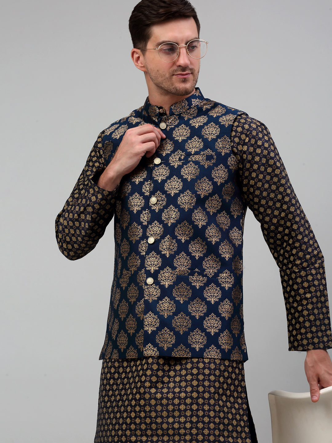 Jompers Men's Printed Nehru Jacket With Kurta Pyjama Set - Navy Blue | Grocsy