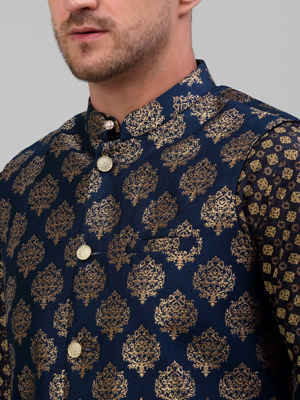 Jompers Men's Printed Nehru Jacket With Kurta Pyjama Set - Navy Blue | Grocsy
