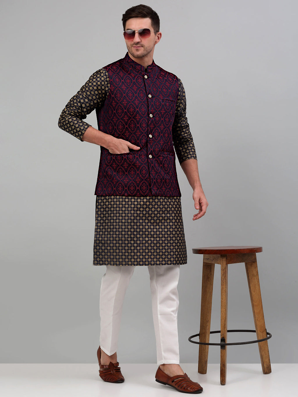 Jompers Men's Woven Design Nehru Jacket with Printed Kurta Pyjama Set - Maroon | Grocsy