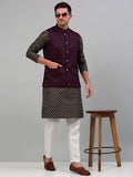 Jompers Men's Woven Design Nehru Jacket with Printed Kurta Pyjama Set - Maroon | Grocsy