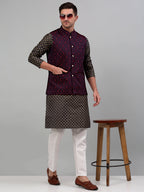 Jompers Men's Woven Design Nehru Jacket with Printed Kurta Pyjama Set - Maroon | Grocsy