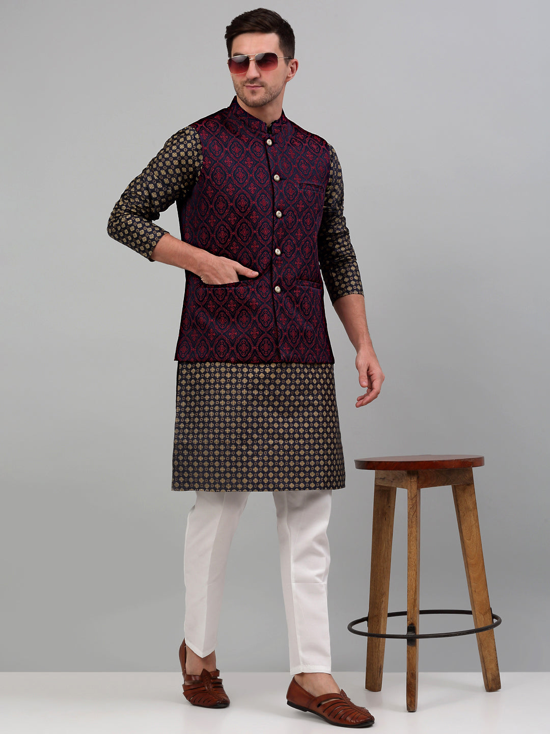 Jompers Men's Woven Design Nehru Jacket with Printed Kurta Pyjama Set - Maroon | Grocsy