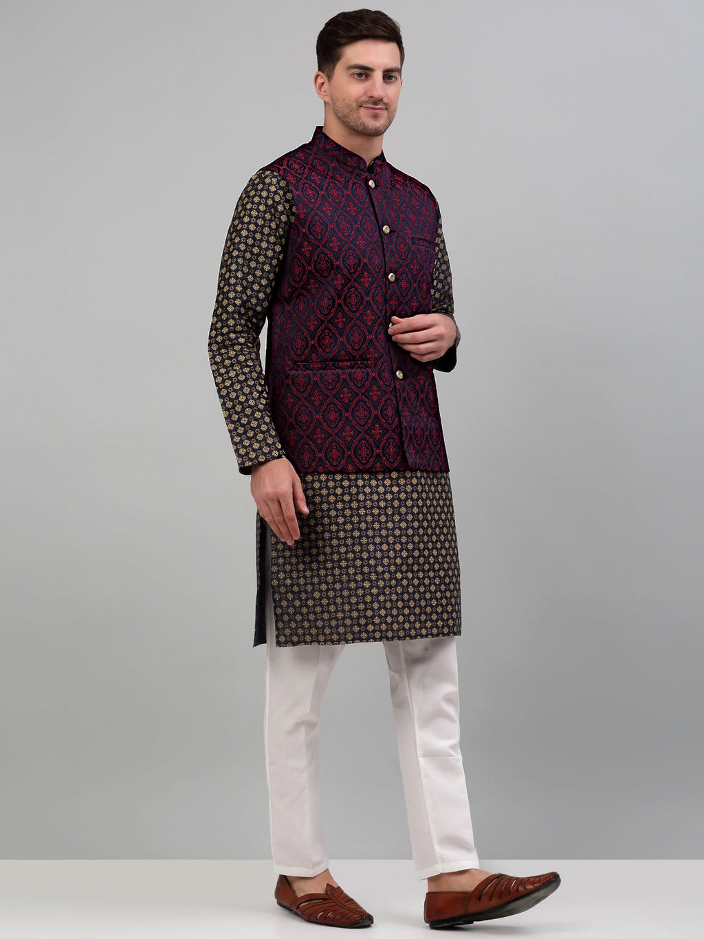 Jompers Men's Woven Design Nehru Jacket with Printed Kurta Pyjama Set - Maroon | Grocsy