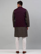 Jompers Men's Woven Design Nehru Jacket with Printed Kurta Pyjama Set - Maroon | Grocsy