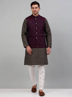 Jompers Men's Woven Design Nehru Jacket with Printed Kurta Pyjama Set - Maroon | Grocsy