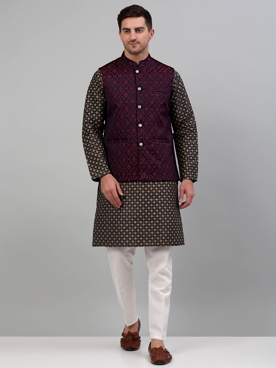 Jompers Men's Woven Design Nehru Jacket with Printed Kurta Pyjama Set - Maroon | Grocsy