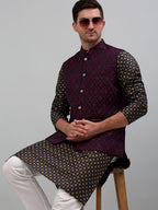 Jompers Men's Woven Design Nehru Jacket with Printed Kurta Pyjama Set - Maroon | Grocsy