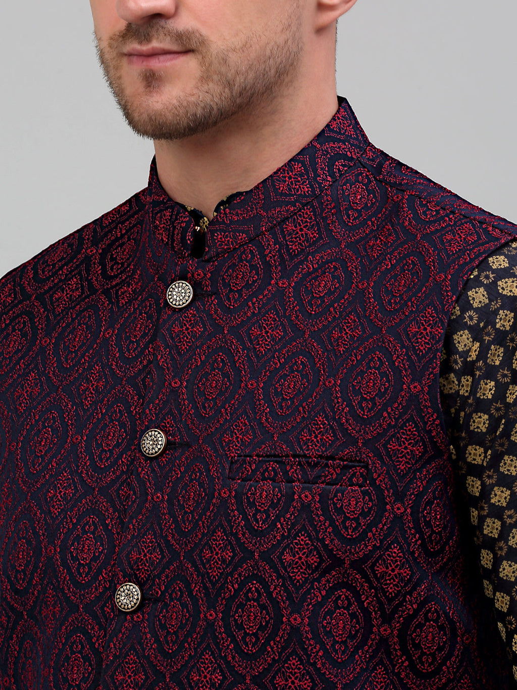 Jompers Men's Woven Design Nehru Jacket with Printed Kurta Pyjama Set - Maroon | Grocsy