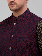Jompers Men's Woven Design Nehru Jacket with Printed Kurta Pyjama Set - Maroon | Grocsy