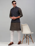 Jompers Men's Woven Design Nehru Jacket with Printed Kurta Pyjama Set - Silver | Grocsy