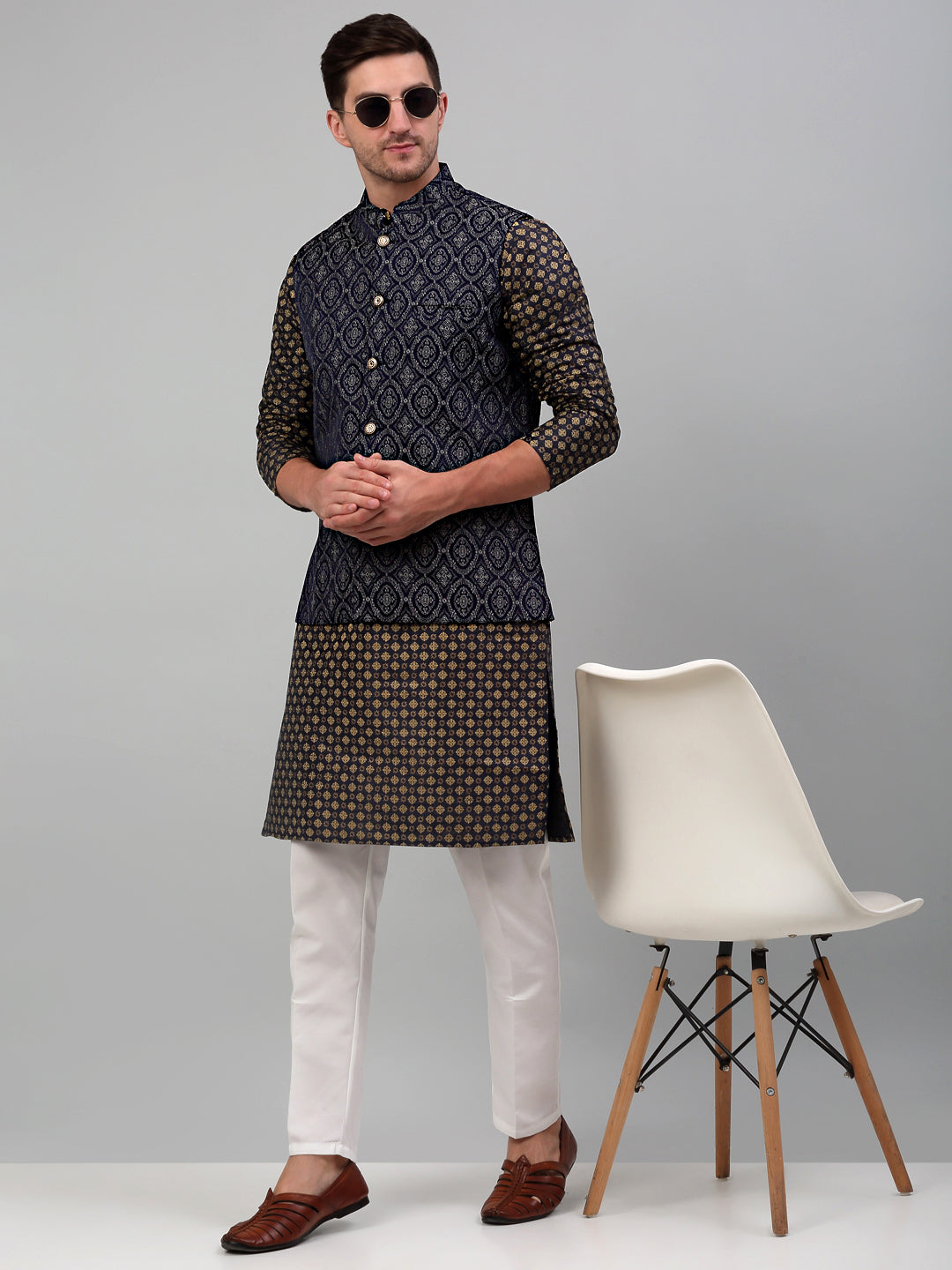 Jompers Men's Woven Design Nehru Jacket with Printed Kurta Pyjama Set - Silver | Grocsy