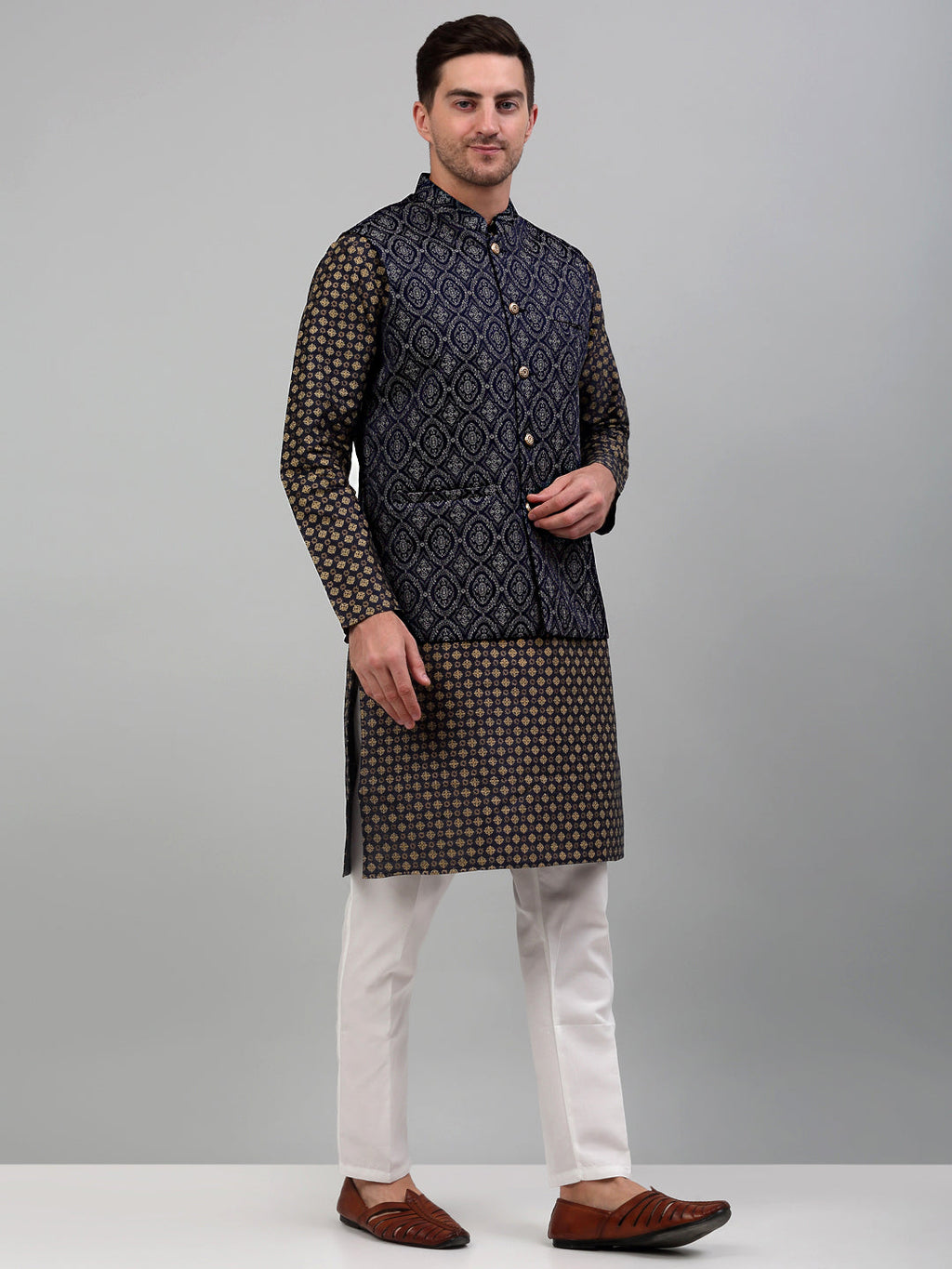 Jompers Men's Woven Design Nehru Jacket with Printed Kurta Pyjama Set - Silver | Grocsy