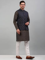 Jompers Men's Woven Design Nehru Jacket with Printed Kurta Pyjama Set - Silver | Grocsy