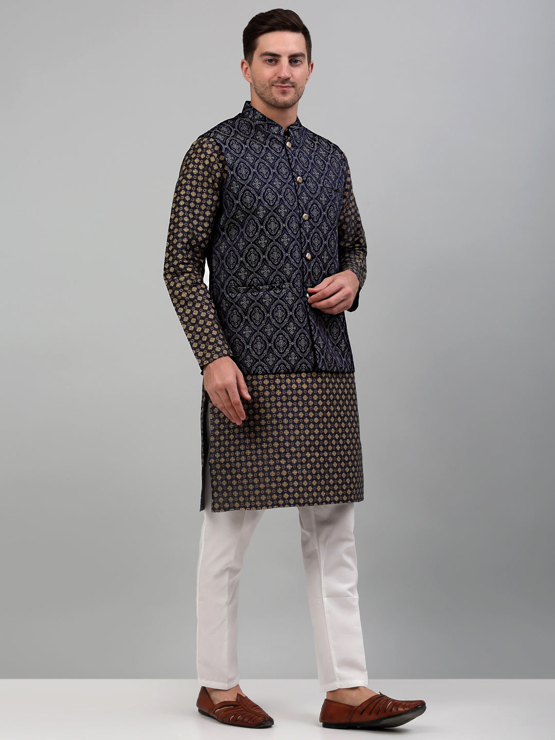 Jompers Men's Woven Design Nehru Jacket with Printed Kurta Pyjama Set - Silver | Grocsy