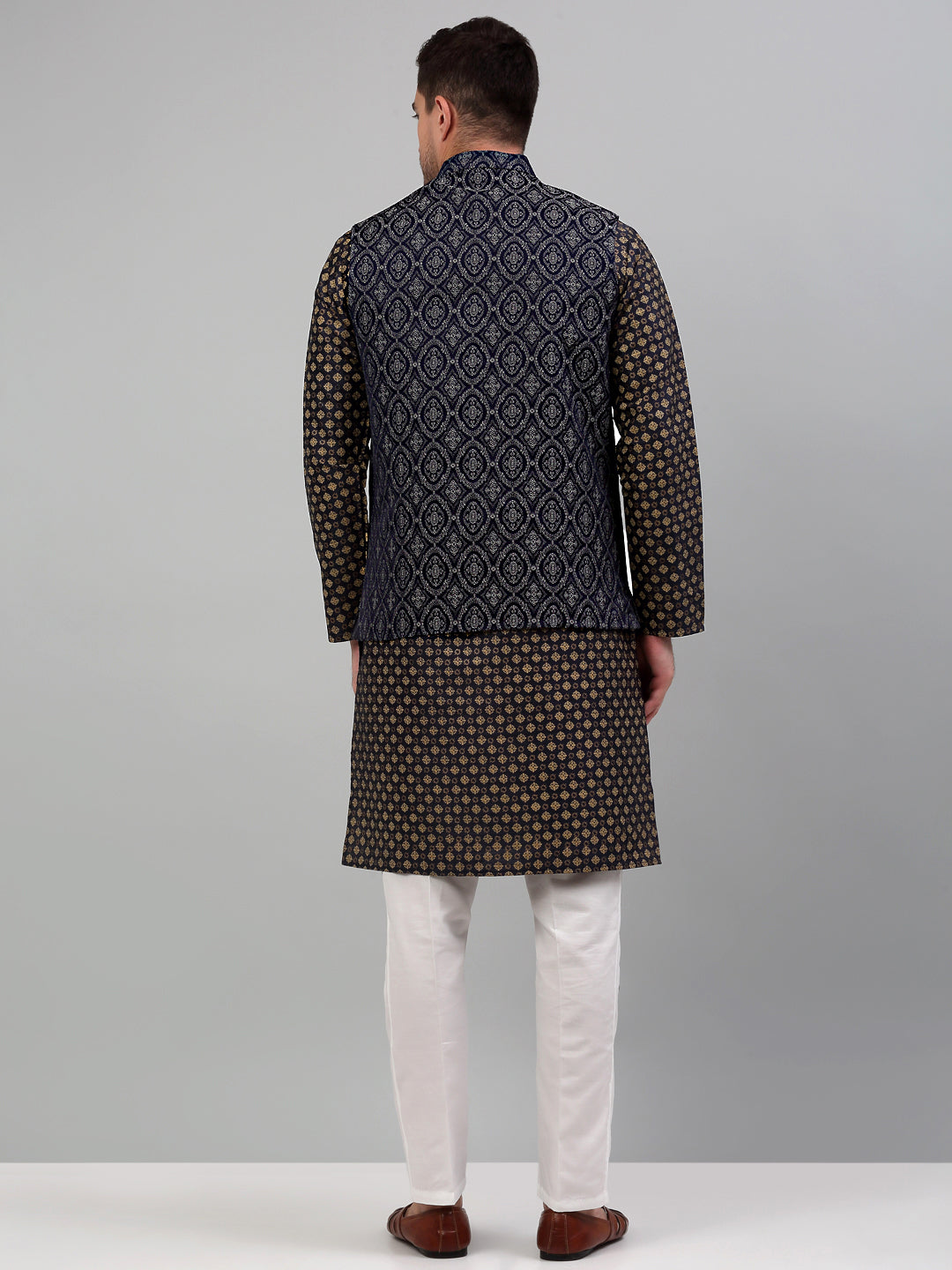 Jompers Men's Woven Design Nehru Jacket with Printed Kurta Pyjama Set - Silver | Grocsy