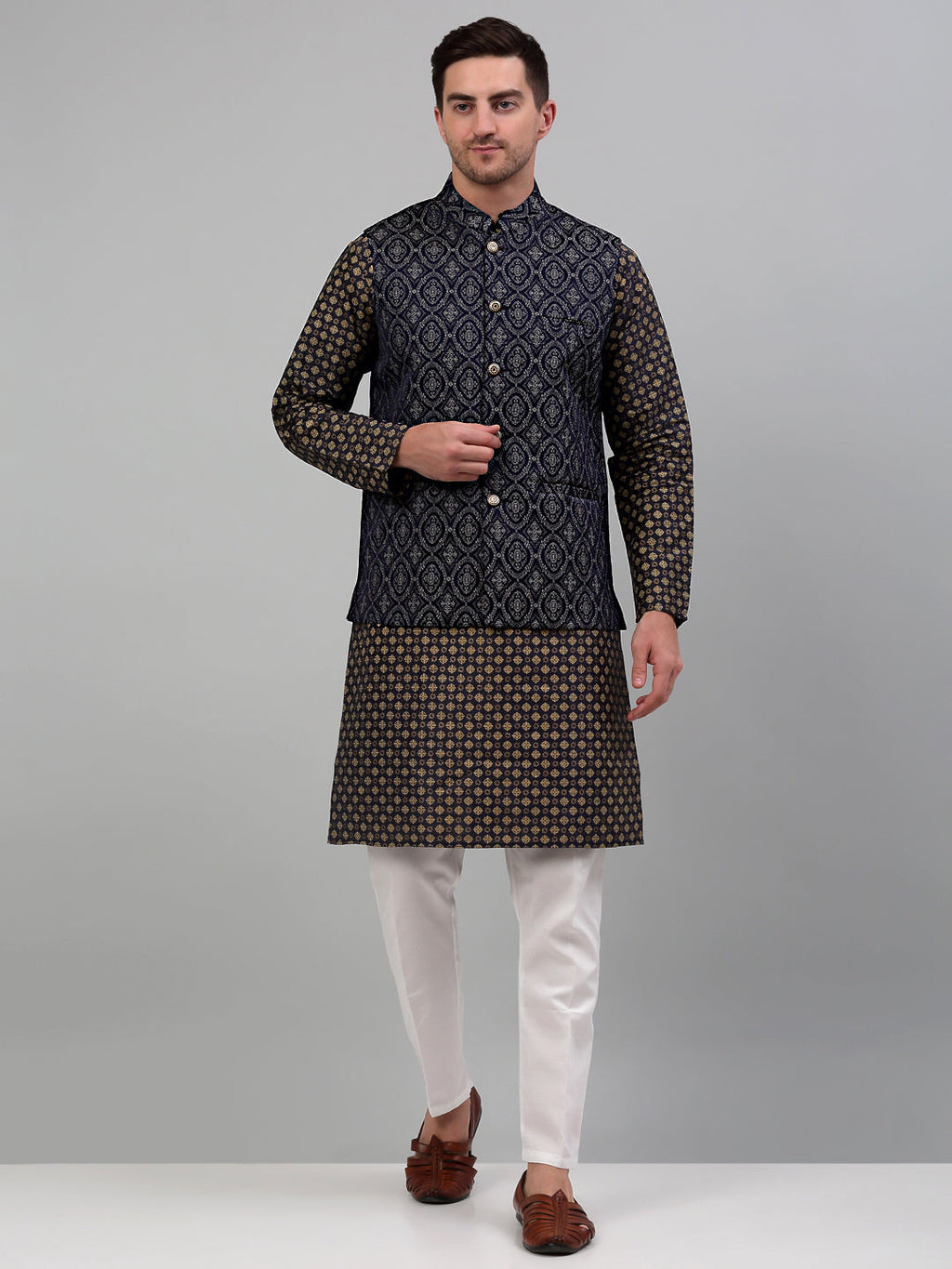 Jompers Men's Woven Design Nehru Jacket with Printed Kurta Pyjama Set - Silver | Grocsy