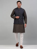 Jompers Men's Woven Design Nehru Jacket with Printed Kurta Pyjama Set - Silver | Grocsy