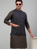 Jompers Men's Woven Design Nehru Jacket with Printed Kurta Pyjama Set - Silver | Grocsy