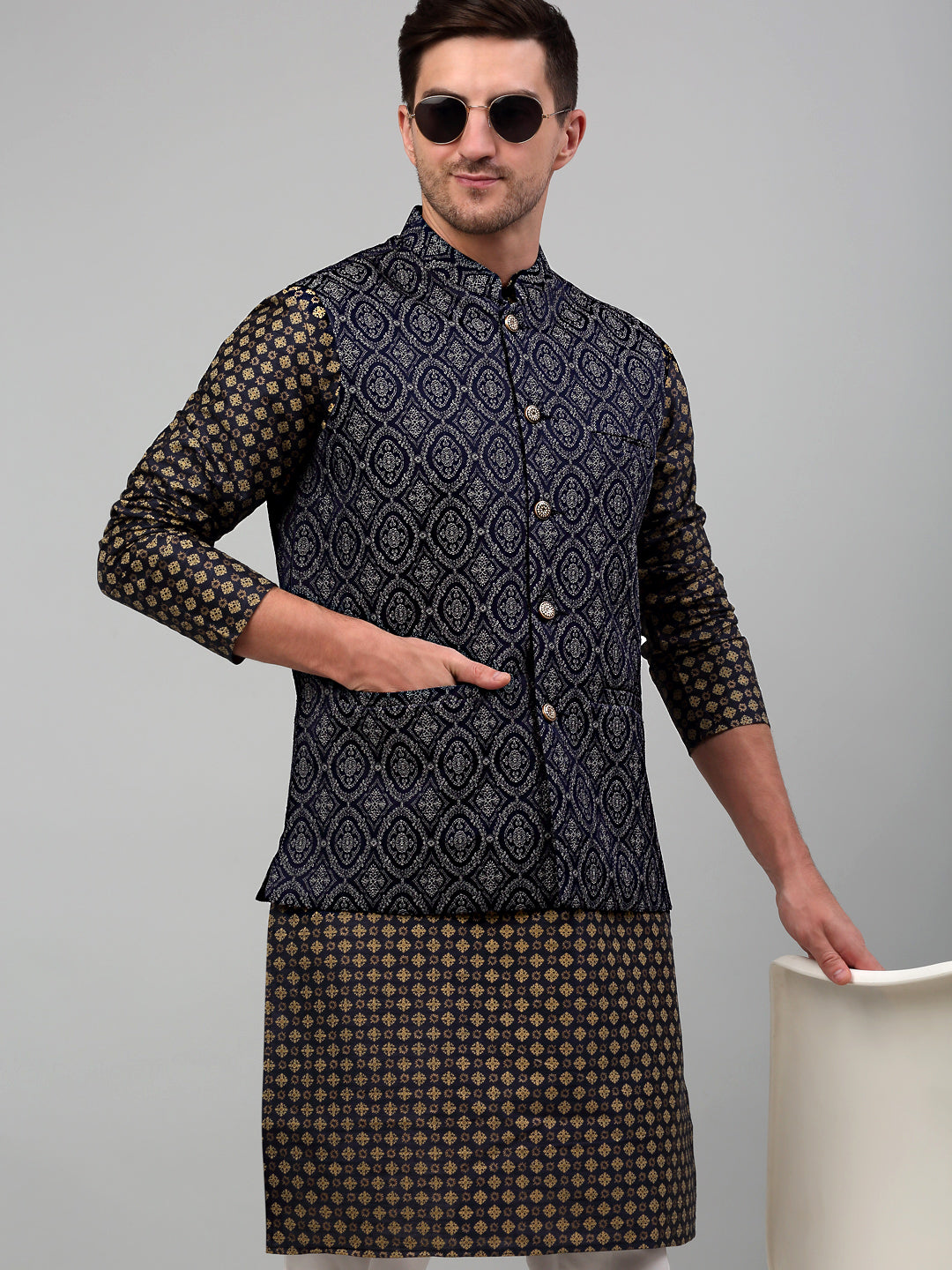 Jompers Men's Woven Design Nehru Jacket with Printed Kurta Pyjama Set - Silver | Grocsy