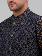 Jompers Men's Woven Design Nehru Jacket with Printed Kurta Pyjama Set - Silver | Grocsy