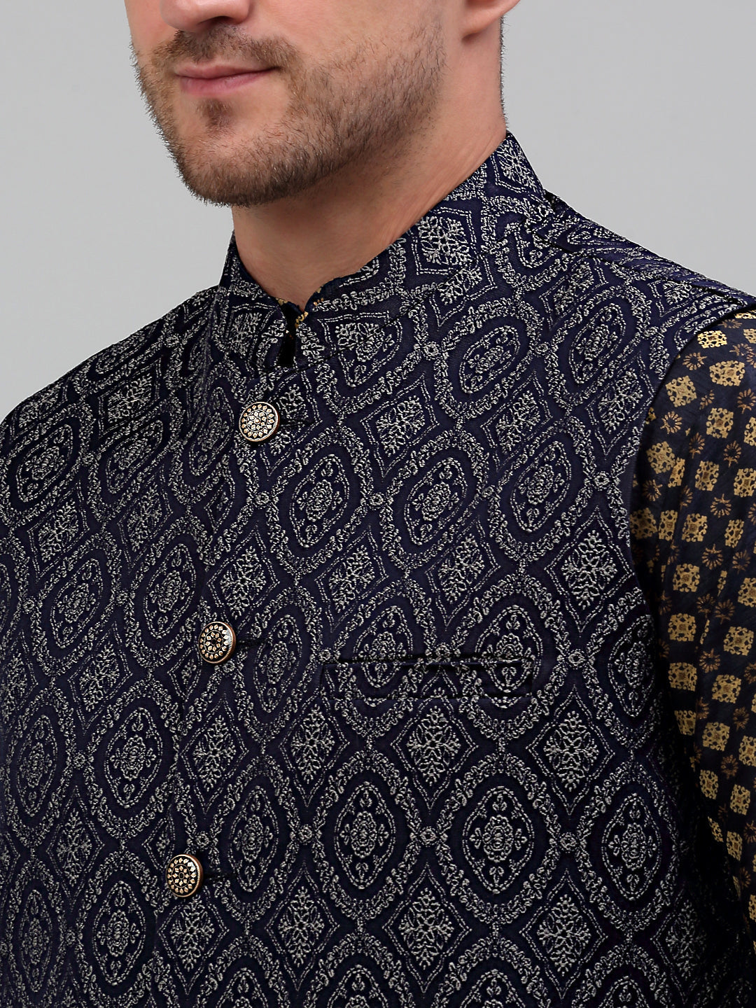 Jompers Men's Woven Design Nehru Jacket with Printed Kurta Pyjama Set - Silver | Grocsy