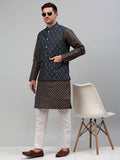 Jompers Men's Woven Design Nehru Jacket with Printed Kurta Pyjama Set - Teal | Grocsy