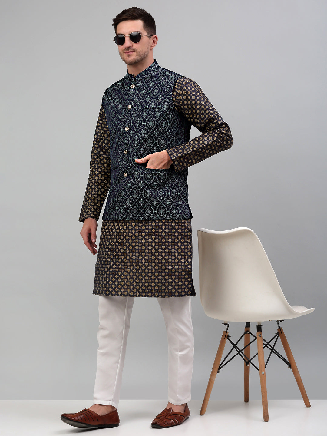 Jompers Men's Woven Design Nehru Jacket with Printed Kurta Pyjama Set - Teal | Grocsy