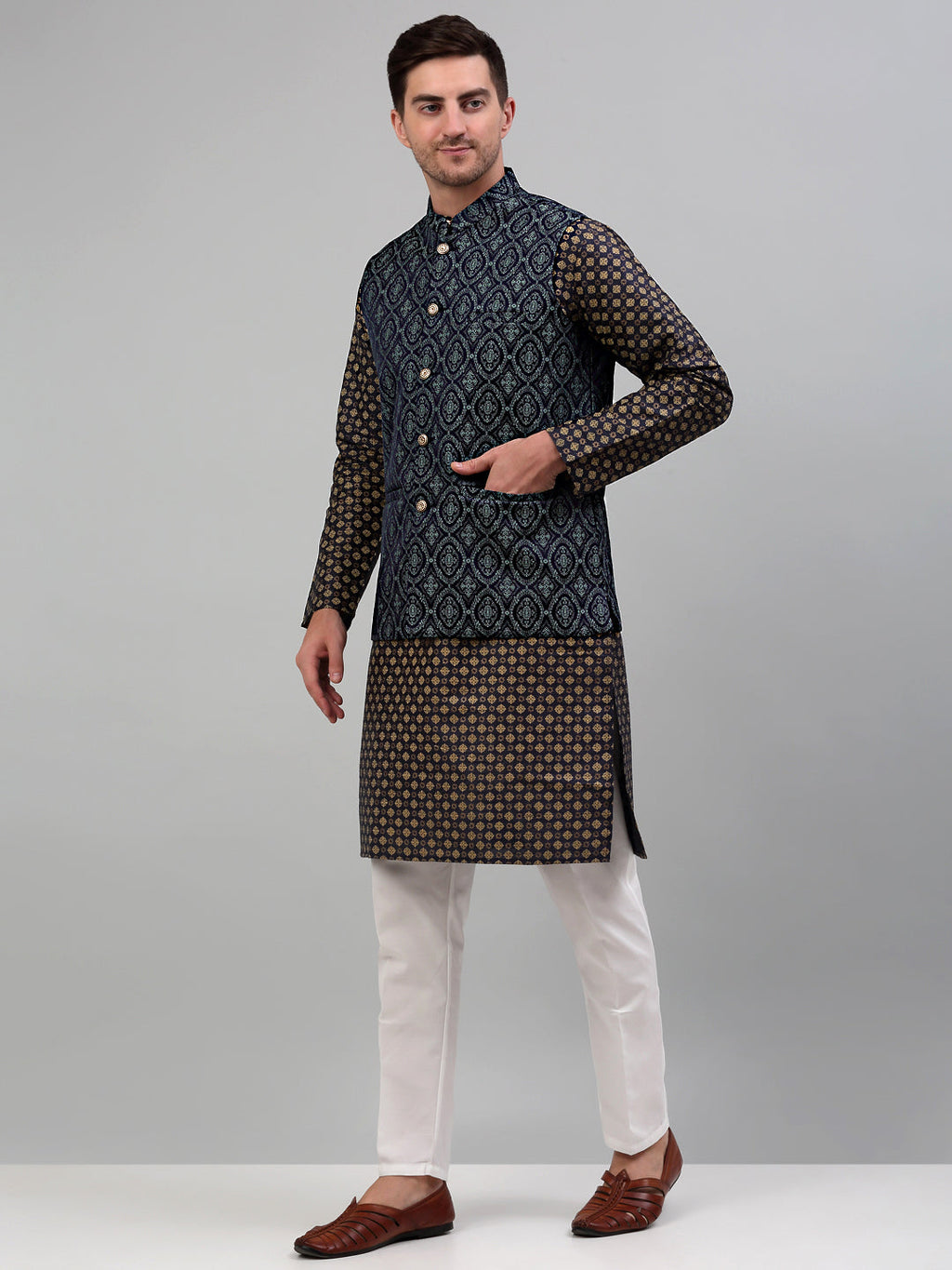 Jompers Men's Woven Design Nehru Jacket with Printed Kurta Pyjama Set - Teal | Grocsy