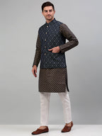 Jompers Men's Woven Design Nehru Jacket with Printed Kurta Pyjama Set - Teal | Grocsy