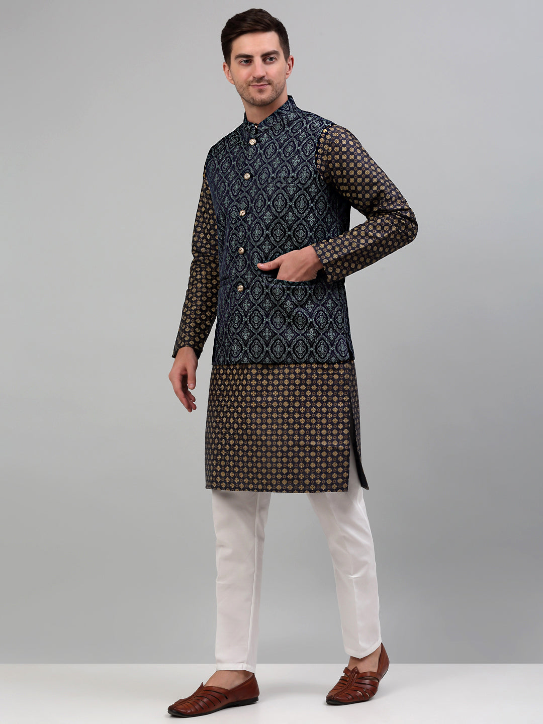 Jompers Men's Woven Design Nehru Jacket with Printed Kurta Pyjama Set - Teal | Grocsy