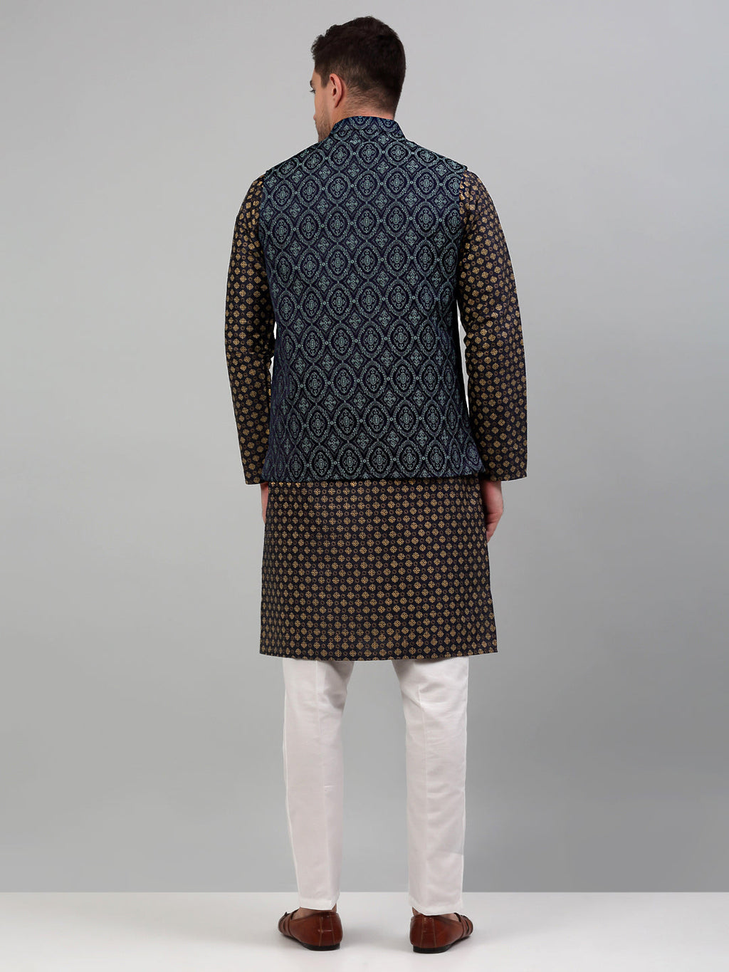 Jompers Men's Woven Design Nehru Jacket with Printed Kurta Pyjama Set - Teal | Grocsy