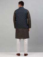 Jompers Men's Woven Design Nehru Jacket with Printed Kurta Pyjama Set - Teal | Grocsy
