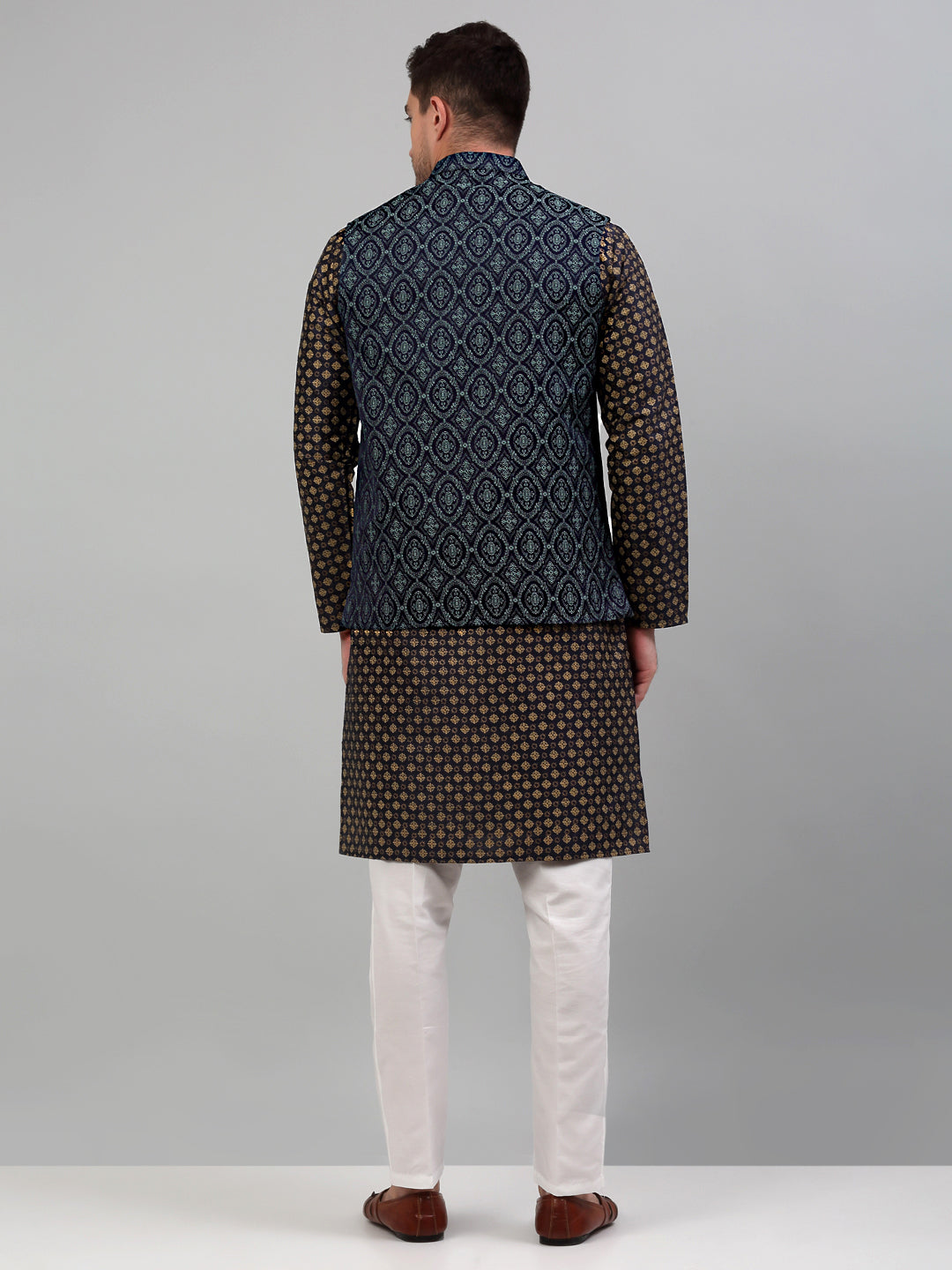 Jompers Men's Woven Design Nehru Jacket with Printed Kurta Pyjama Set - Teal | Grocsy