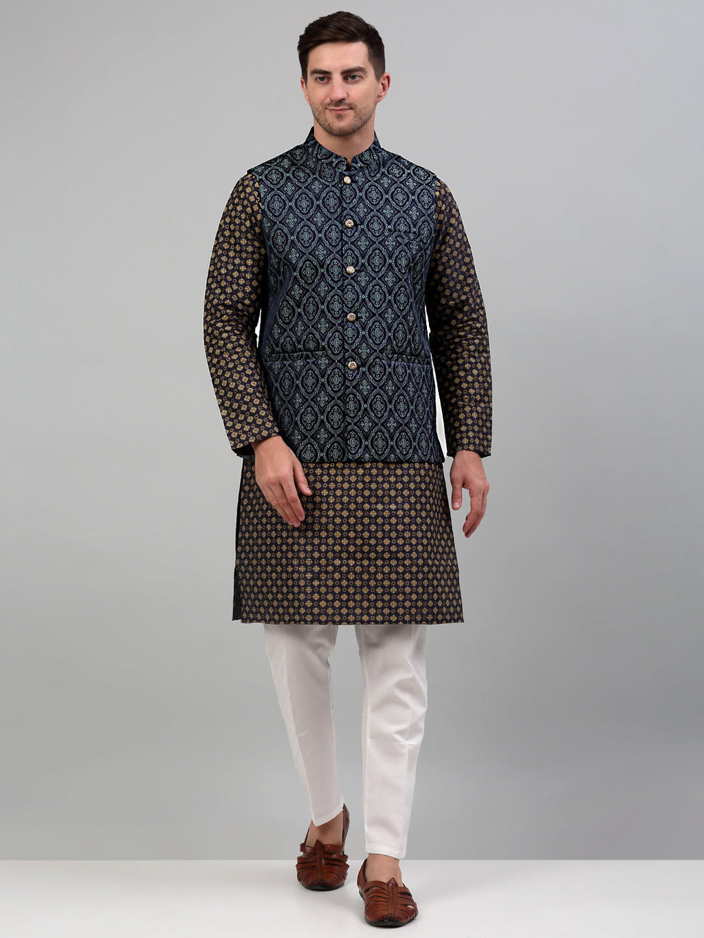 Jompers Men's Woven Design Nehru Jacket with Printed Kurta Pyjama Set - Teal | Grocsy