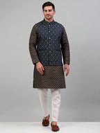 Jompers Men's Woven Design Nehru Jacket with Printed Kurta Pyjama Set - Teal | Grocsy