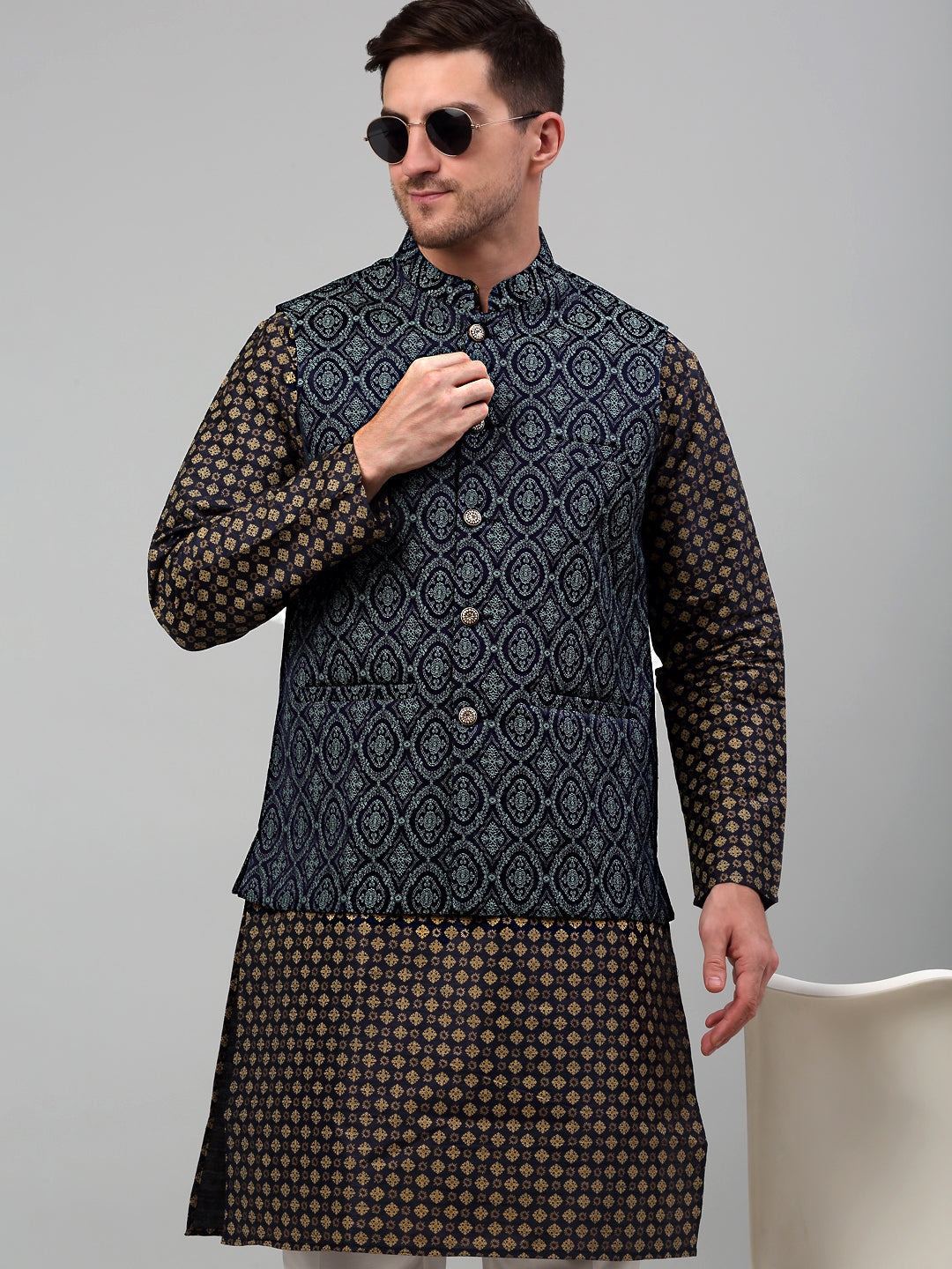 Jompers Men's Woven Design Nehru Jacket with Printed Kurta Pyjama Set - Teal | Grocsy