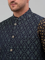 Jompers Men's Woven Design Nehru Jacket with Printed Kurta Pyjama Set - Teal | Grocsy