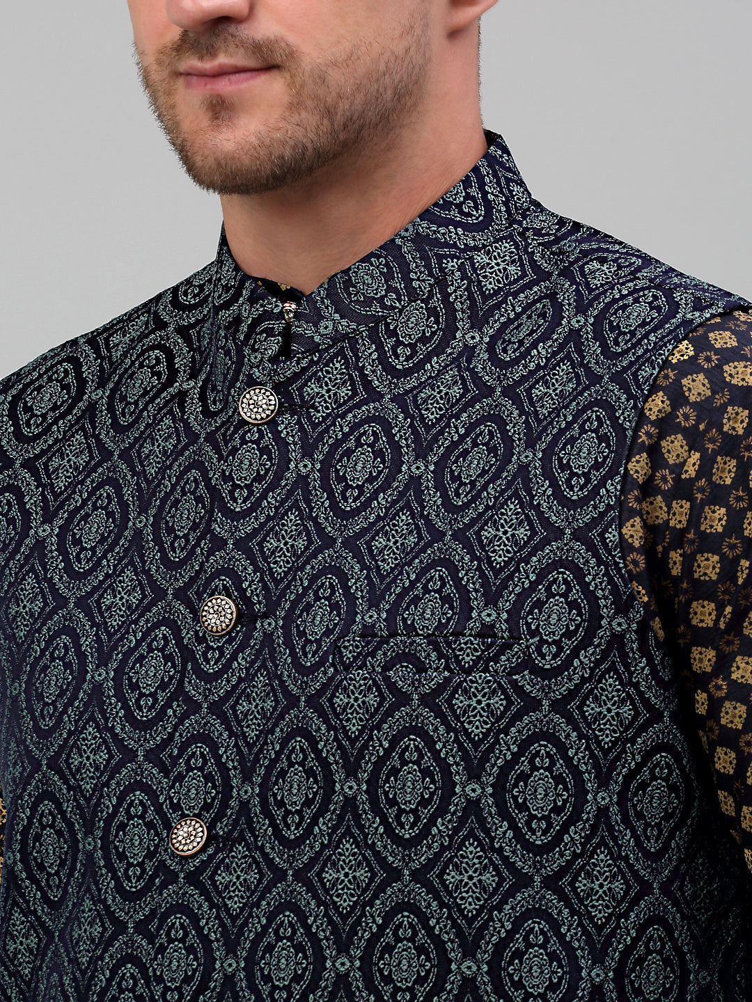 Jompers Men's Woven Design Nehru Jacket with Printed Kurta Pyjama Set - Teal | Grocsy