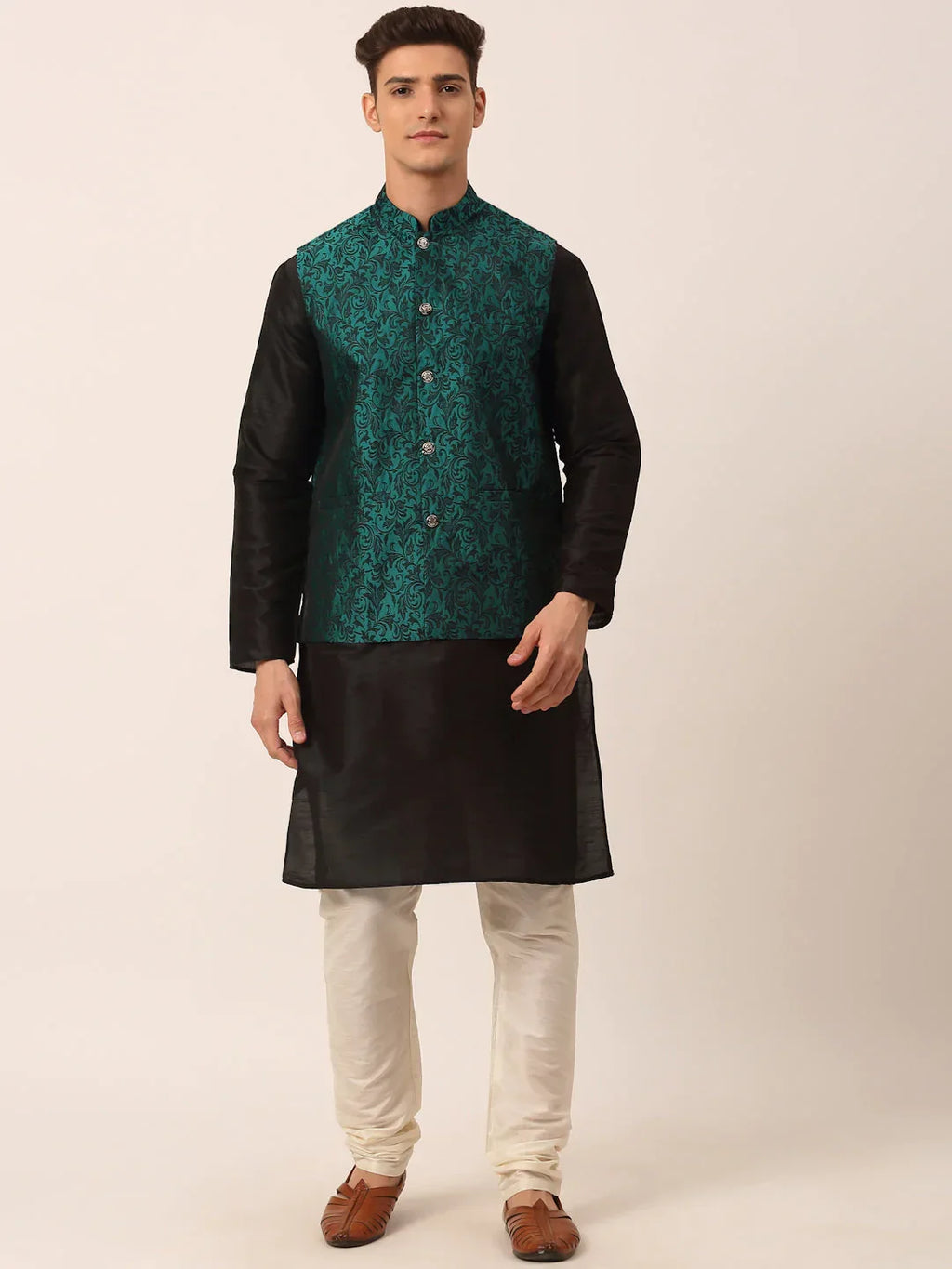 Jompers Men's Solid Kurta Pyjama With Green Woven Design Nehru Jacket | Grocsy