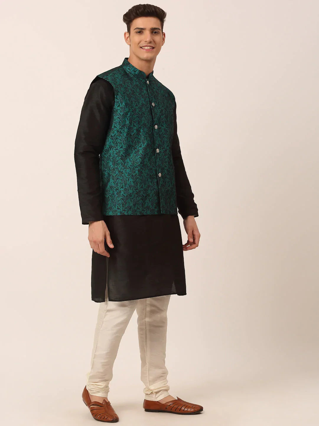 Jompers Men's Solid Kurta Pyjama With Green Woven Design Nehru Jacket | Grocsy