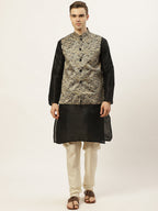 Jompers Men's Printed Nehru Jacket and Kurta Pyjama Set - Golden | Grocsy